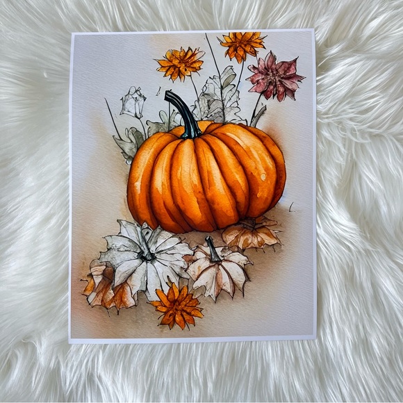 Wall Art Watercolor Floral Pumpkins Print Poster Card Unframed - Picture 8 of 12